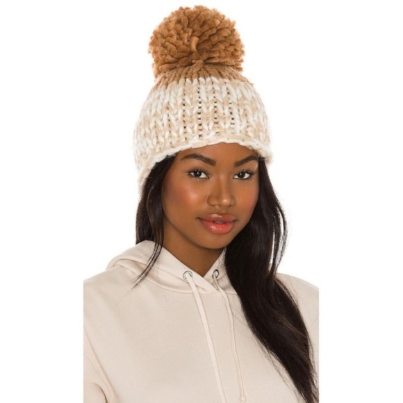FREE PEOPLE Cozy Up Color Block Pom Beanie Oat Camel Chunky Knit Warm Fuzzy Boho - Picture 2 of 10